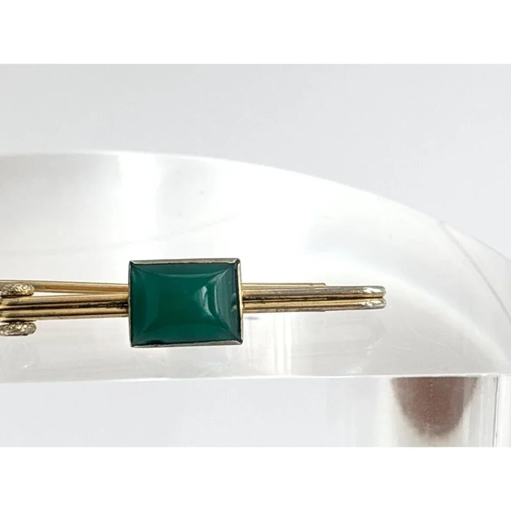 Swank Signed Faux Green Stone Gold Toned Vintage Men's Tie Bar | Tie Clip